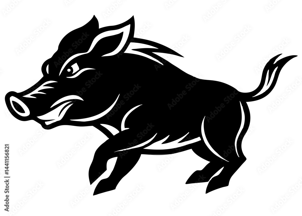 Obraz premium Wild Boar Illustration: A ferocious wild boar with menacing eyes and sharp tusks, charging forward with a fierce determination, captured in a bold, minimalist illustration style.