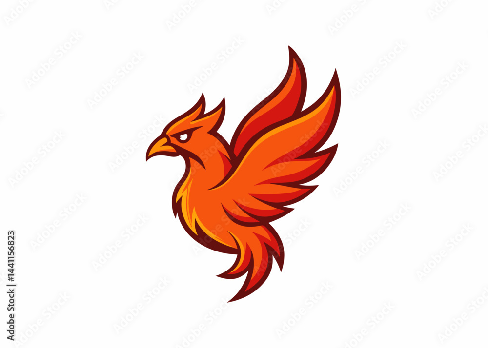 Fototapeta premium Phoenix of Fire: A striking illustration of a phoenix with fiery orange plumage, symbolising rebirth and renewal, rendered in a stylized vector graphic. 