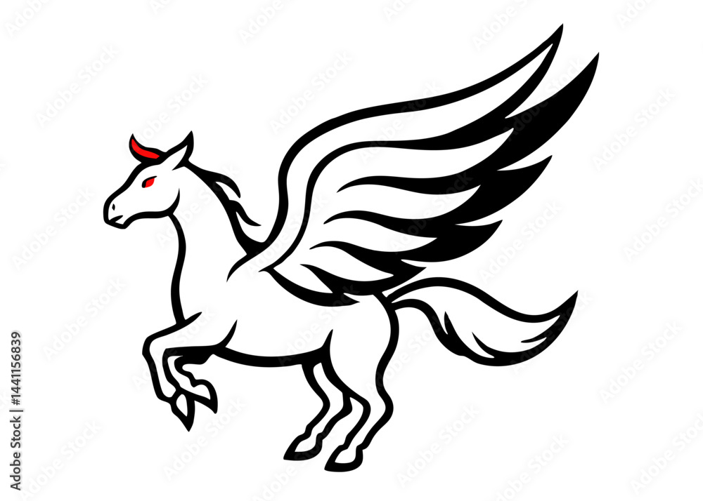 Fototapeta premium White Pegasus with Red Horns: A majestic white pegasus with outstretched wings and red horns soars through the air with a confident, graceful stance, offering a symbol of strength, power, and freedom.