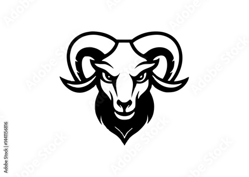 Majestic Ram Icon: A bold, stylized ram's head icon in black and white, embodying strength, resilience, and a commanding presence, a perfect emblem for various applications.