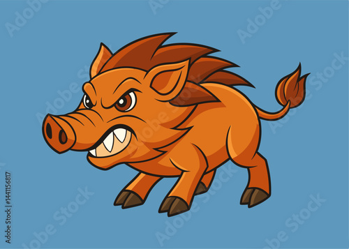 Animated Wild Boar's Fiery Gaze: A fierce wild boar, rendered in vivid animated style, showcases an intense expression with sharp tusks and a determined stance against a backdrop. 