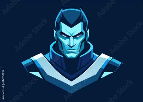 A cool and fierce superhero character: A striking illustration of a superhero's face. Featuring a commanding presence, intense gaze, and vibrant colors.