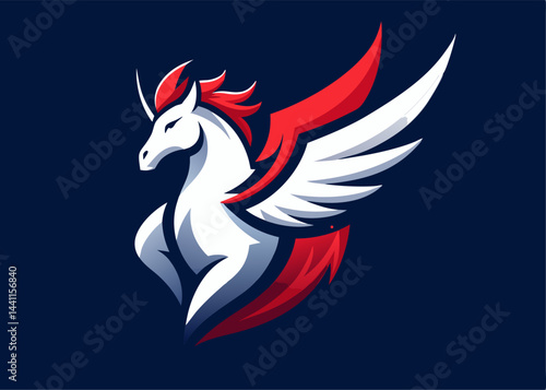 Majestic Pegasus Emblem: A captivating graphic design, showcases a regal winged horse, set against a dark backdrop, portraying strength, grace, and a touch of fantasy.