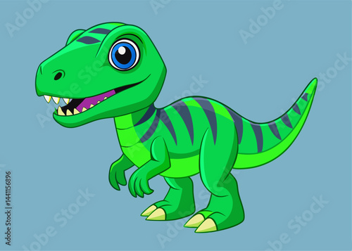 Cute Cartoon Dinosaur in vibrant green: A friendly and adorable cartoon dinosaur with a cheerful grin stands against a light blue backdrop, perfect for children's projects and playful designs.