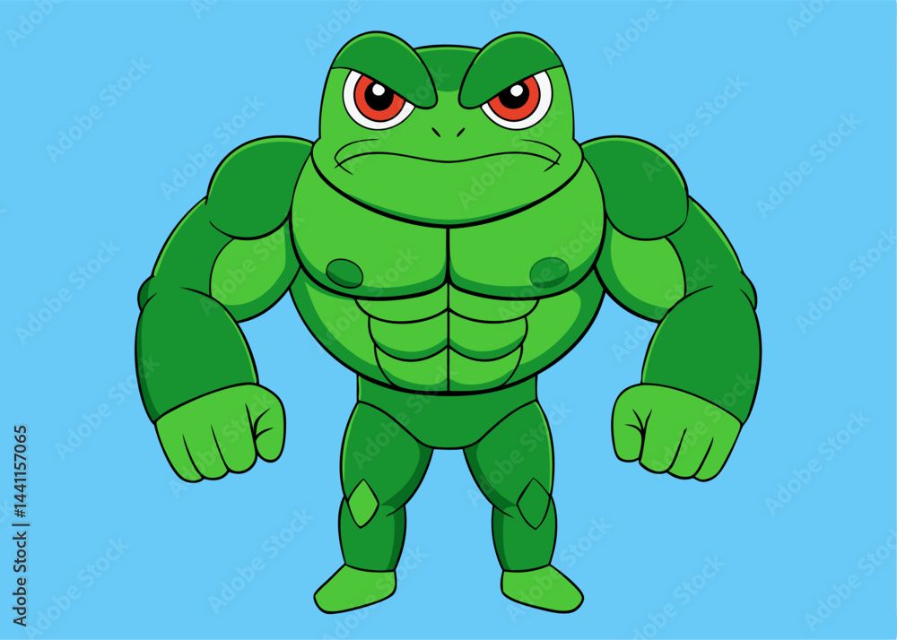 Obraz premium Strong Green Frog: An eye-catching illustration of a muscular green frog, exuding confidence and power, against a subtle blue backdrop.