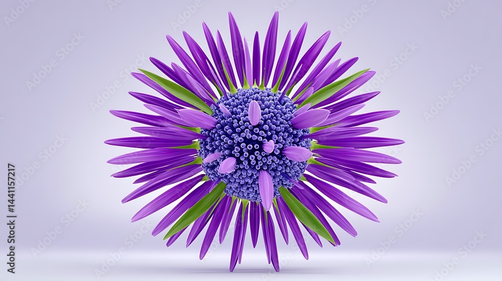 Abstract 3D floral design in purple and green hues, detailed petals, central core, soft lighting Abstract 3D floral design in purple and green hues, detailed petals, central core, soft lighting