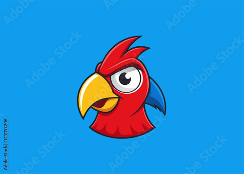The Bold Parrot: A vibrant illustration of a parrot, showcasing striking red feathers, a bold yellow beak, and an intense gaze against a simple blue background. 
