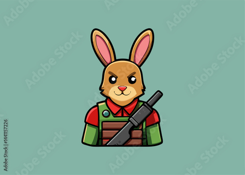 Rabbit Warrior: A cartoonish rabbit character, equipped with a weapon. ready for action with a fierce look, embodies a unique blend of cuteness and courage
