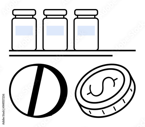 Medicine bottles on a shelf beside a pill and a coin signify pharmaceutical industry, drug pricing, healthcare costs, financial impact, and economic challenges. Ideal for medicine, healthcare