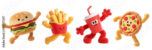 Cartoon fast food characters 3d render: burger, fries, soda, pizza png