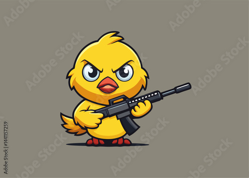 Angry chick: Cartoon illustration of a cute baby chick gripping a rifle with a determined look. Perfect for creative projects.