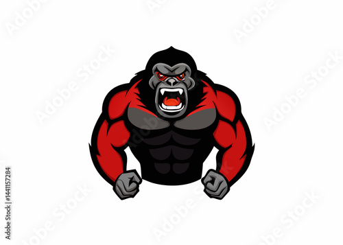 Angry Gorilla Mascot: A powerful illustration of an enraged gorilla, showcasing bulging muscles, bared teeth, and intense red fur. Perfect for sports teams or brands needing a fierce mascot.