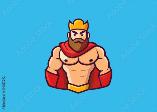 Royal Guardian: A muscular king, adorned with a golden crown and a flowing red cape, stands defiantly against a pristine blue backdrop, symbolizing strength and authority.