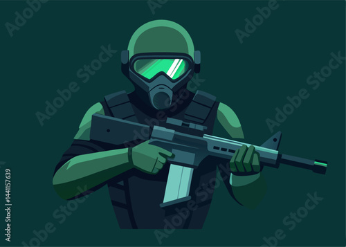 Armed Soldier in Battle: An illustration captures a determined soldier fully armored in a protective suit, brandishing an assault rifle, ready to engage in battle.