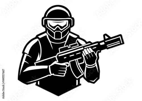 Tactical Soldier Silhouette: A striking silhouette of a soldier in tactical gear, brandishing a weapon, set against a stark background. Capturing the essence of military professionalism.