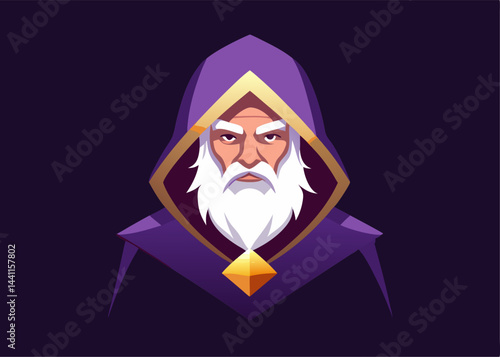 The Mystical Scholar: A distinguished scholar with a commanding presence, dressed in a hooded purple robe with golden accents. His wise eyes and long white beard convey an aura of profound wisdom.