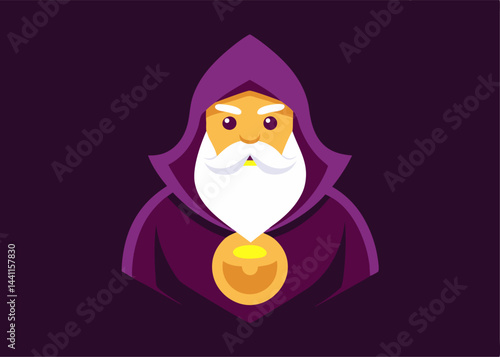Mystical Sage: A captivating illustration of a wise figure cloaked in rich purple robes, a long flowing white beard and a magical symbol.