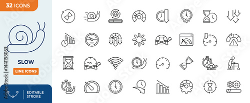 Slow line editable icon set. Contains icons related to slow. Editable stroke. Vector illustration