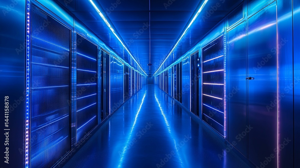 Futuristic server room illuminated by vibrant blue lights. Futuristic server room illuminated by vibrant blue lights.