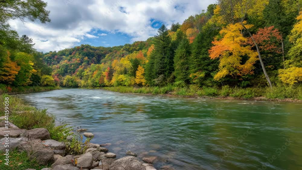 Beautiful autumn landscape with colorful trees reflected in a peaceful river under a cloudy sky Beautiful autumn landscape with colorful trees reflected in a peaceful river under a cloudy sky