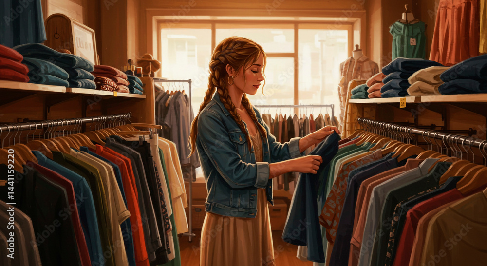 Woman with braids browsing clothes on racks in a bright and well organized clothing store setting Woman with braids browsing clothes on racks in a bright and well organized clothing store setting