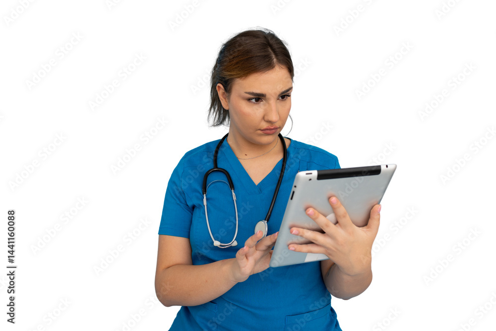 Medical professional reviewing digital data on tablet, highlighting healthcare technology with focused professional demeanor Medical professional reviewing digital data on tablet, highlighting healthcare technology with focused professional demeanor