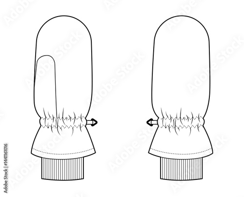 Snowboarding Gloves Mittens Fashion hand accessory clothing technical illustration garment. Vector front palm back view for Men, women, unisex style flat template CAD mockup sketch outline on white
