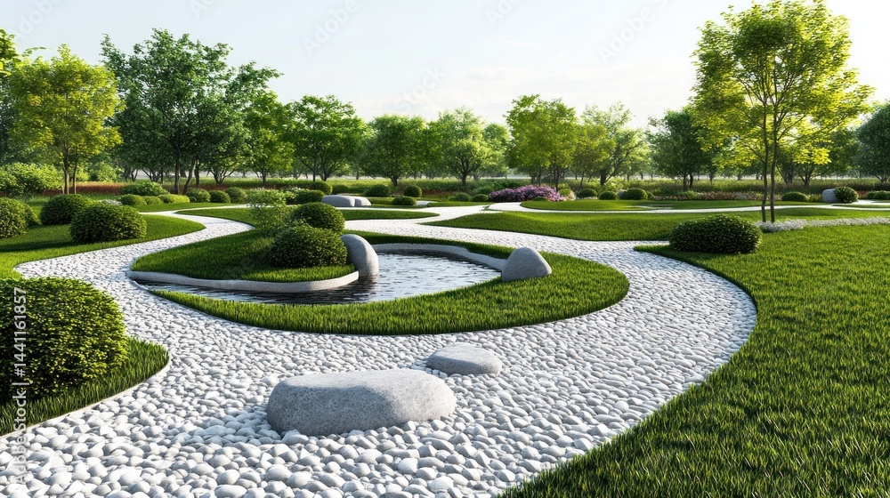 Fototapeta premium Serene Japanese garden paths and water feature