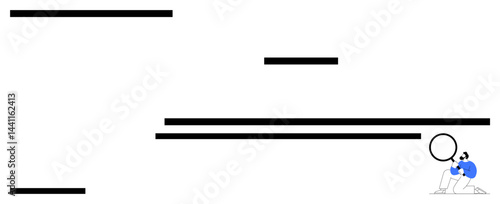 Individual with magnifying glass inspects horizontal lines. Ideal for discovery, research, analysis, focus, problem-solving, exploration, simple landing page