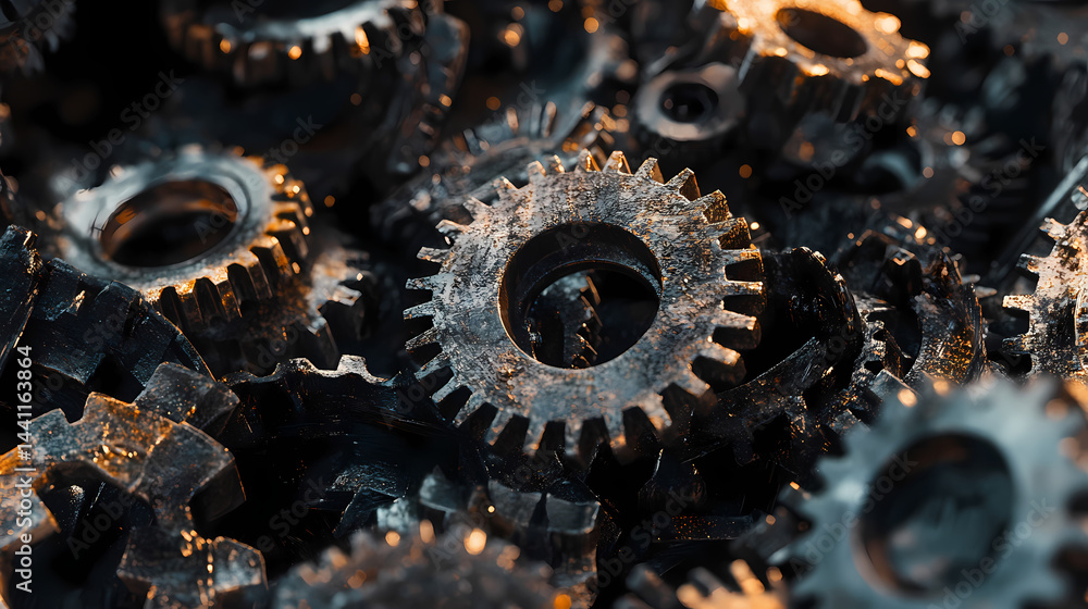 Pile of shiny and rusty metal gears and cogwheels, close up shot. ideal for concepts such as industry, mechanics, or engineering. Cogwheel Forge. Illustration Pile of shiny and rusty metal gears and cogwheels, close up shot. ideal for concepts such as industry, mechanics, or engineering. Cogwheel Forge. Illustration