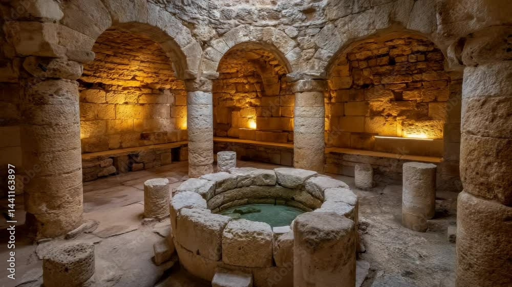 Ancient underground chamber with stone columns and circular well ...