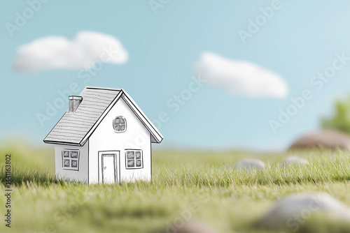 Wallpaper Mural Small white paper house model sits on green grass under blue sky with soft clouds, evoking peaceful and dreamy home concept in natural outdoor setting Torontodigital.ca