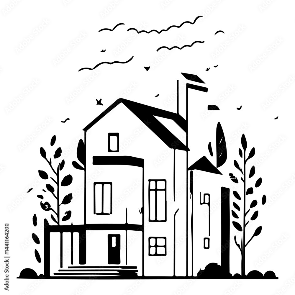Fototapeta premium Minimalist modern house drawing with stylized nature elements and black lines