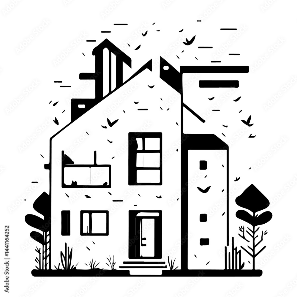 Fototapeta premium Stylized monochromatic residential building illustration with abstract surroundings