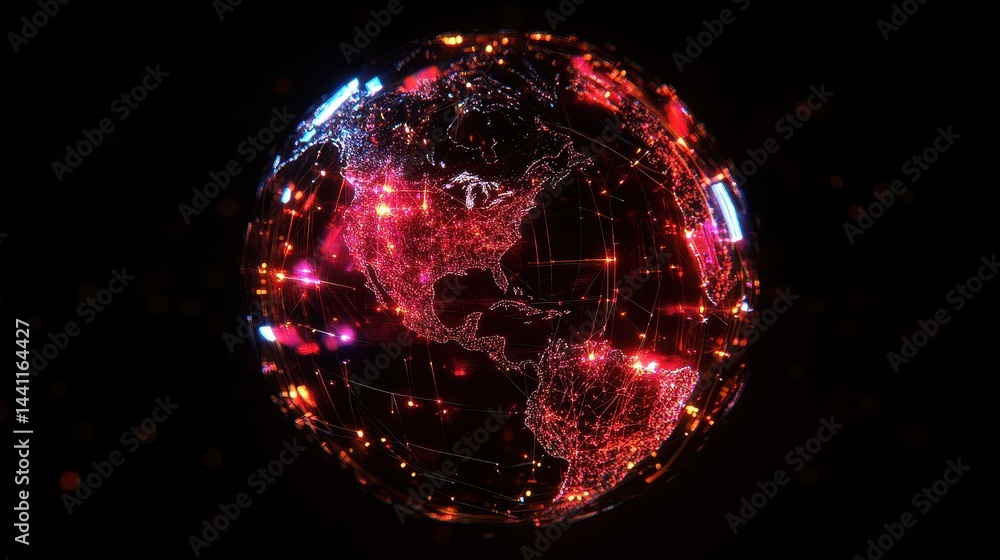 Obraz premium Holographic globe with network nodes, world connection, international business.