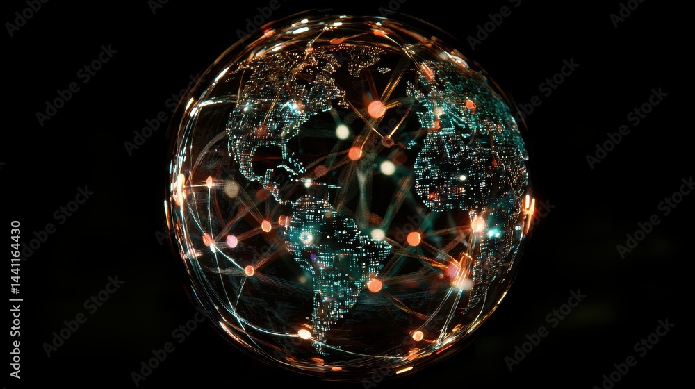 Holographic globe with network nodes, world connection, international business.