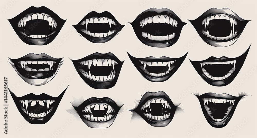 twelve stylized black and white open mouths showing various sharp vampire fangs with different expressions and teeth arrangements twelve stylized black and white open mouths showing various sharp vampire fangs with different expressions and teeth arrangements