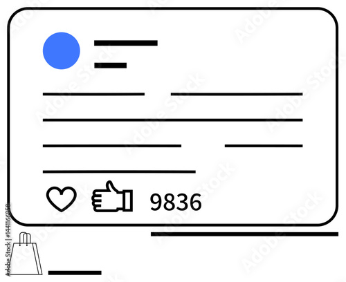Social media post interface featuring a profile photo, text, thumbs ups, and reactions. E-commerce integration icon included. Ideal for marketing, branding, e-commerce, analytics online interaction