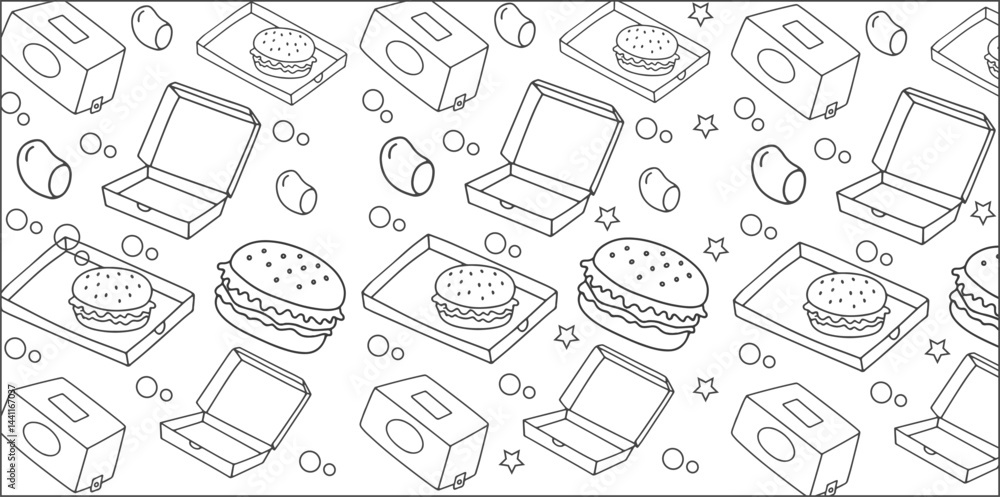 Seamless Doodle Fast Food Pattern Featuring Burgers, Takeout Boxes, and French Fries in a Hand-Drawn Black and White Style for Wrapping, Coloring, or Textile Use Seamless Doodle Fast Food Pattern Featuring Burgers, Takeout Boxes, and French Fries in a Hand-Drawn Black and White Style for Wrapping, Coloring, or Textile Use