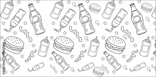 Black and white doodle-style travel icons seamless pattern for tourism design on transparent background
