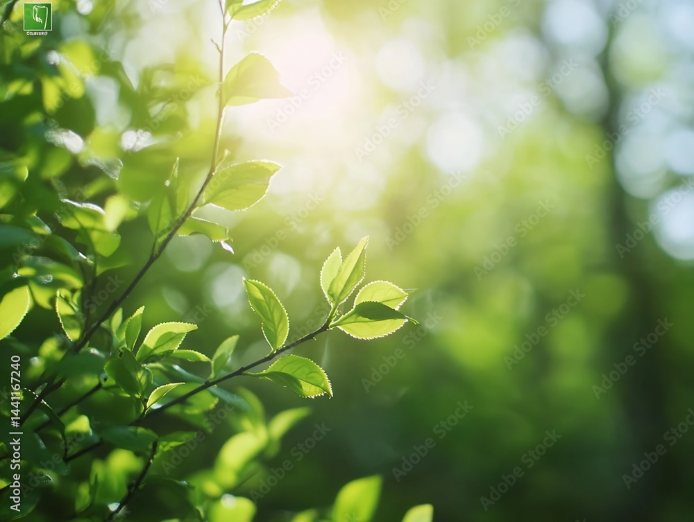 Sunlight Illuminating Green Leaves and Forest Background Sunlight Illuminating Green Leaves and Forest Background