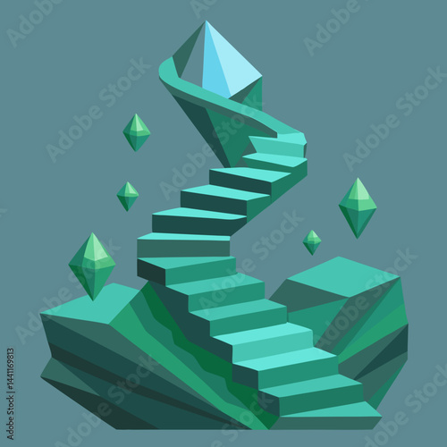 Low polygonal stairs lead up through rocks to a lush green island, creating a serene and natural landscape.