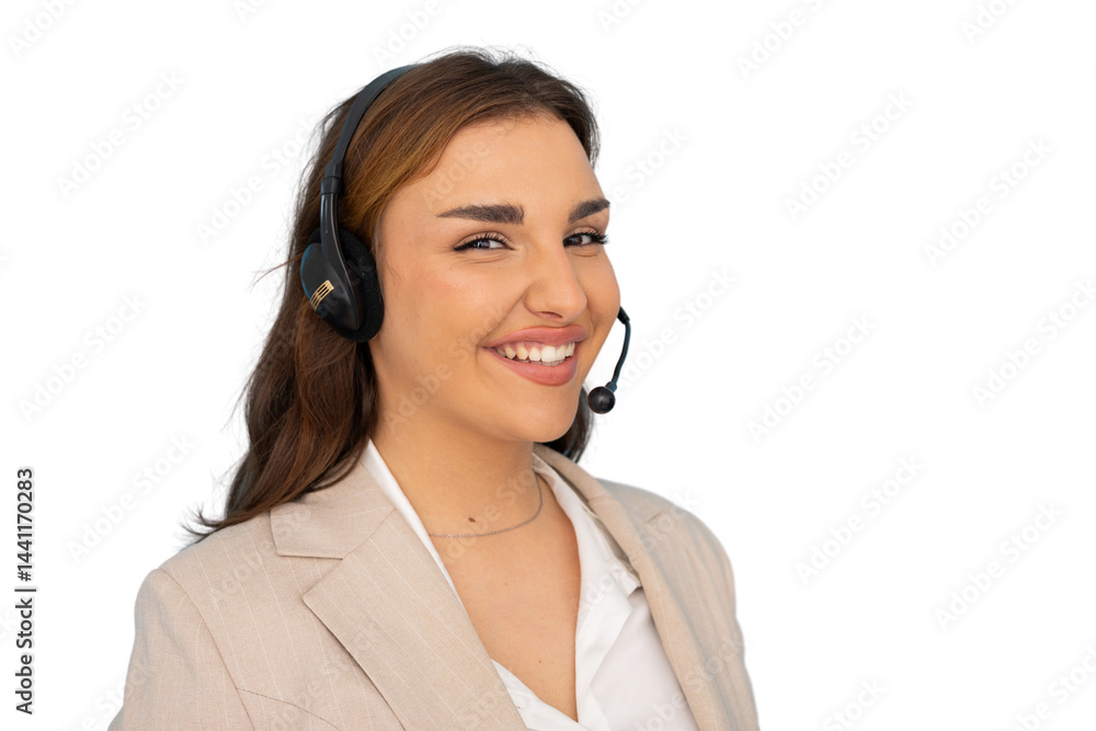 Friendly female call center agent smiling while wearing headset, providing customer service on transparent background Friendly female call center agent smiling while wearing headset, providing customer service on transparent background