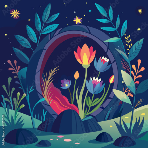 Fairy garden featuring a tiny door surrounded by colorful flowers and lush greenery.