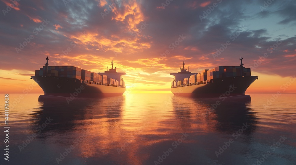 Obraz premium Two Container Ships at Sunset