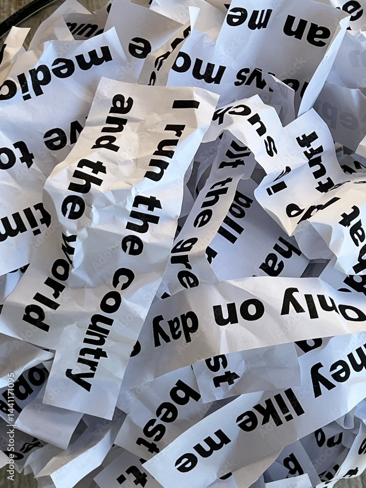 Word salad jumble of crumpled strips of paper with words and phrases Word salad jumble of crumpled strips of paper with words and phrases