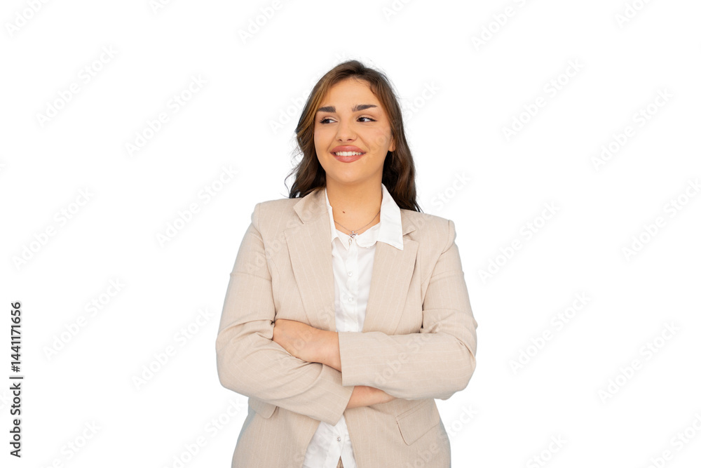 Professional female executive crossing arms confidently, smirking beside transparent workspace background Professional female executive crossing arms confidently, smirking beside transparent workspace background