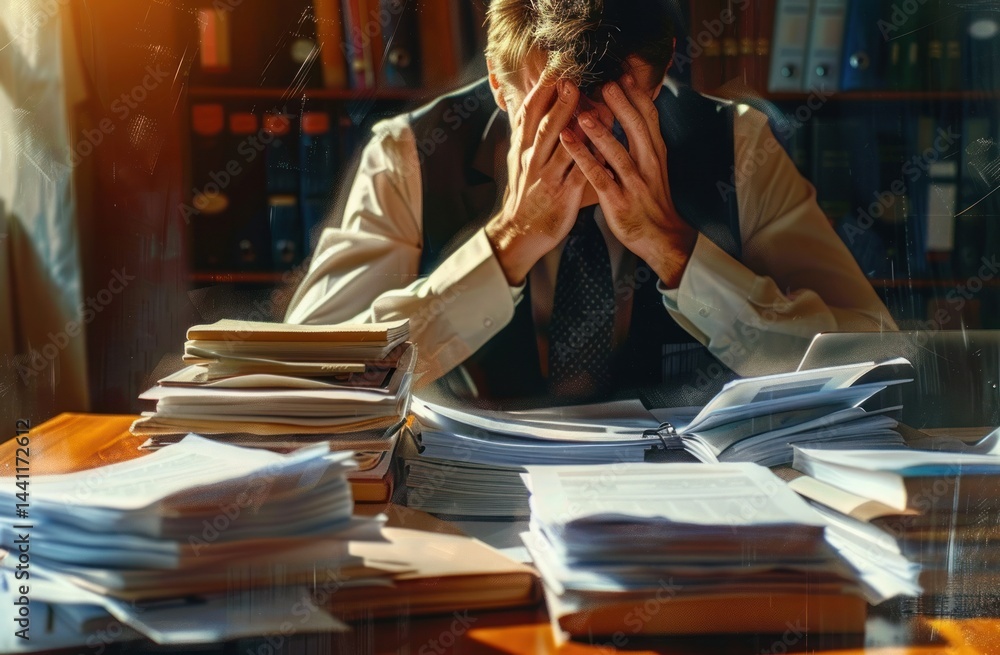 Obraz premium man in formal shirt sitting at cluttered desk overwhelmed by large piles of paperwork with hands covering face in tired or stressed emotion