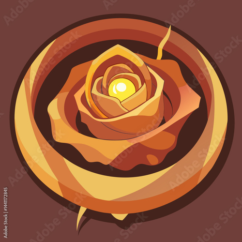 A rose surrounded by a circle featuring a vibrant yellow and red center.