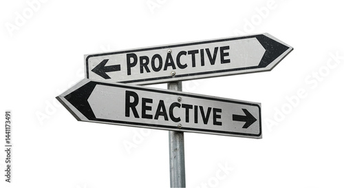 A signpost with proactive and reactive pointing in opposite directions against a black background hand draw element design icon